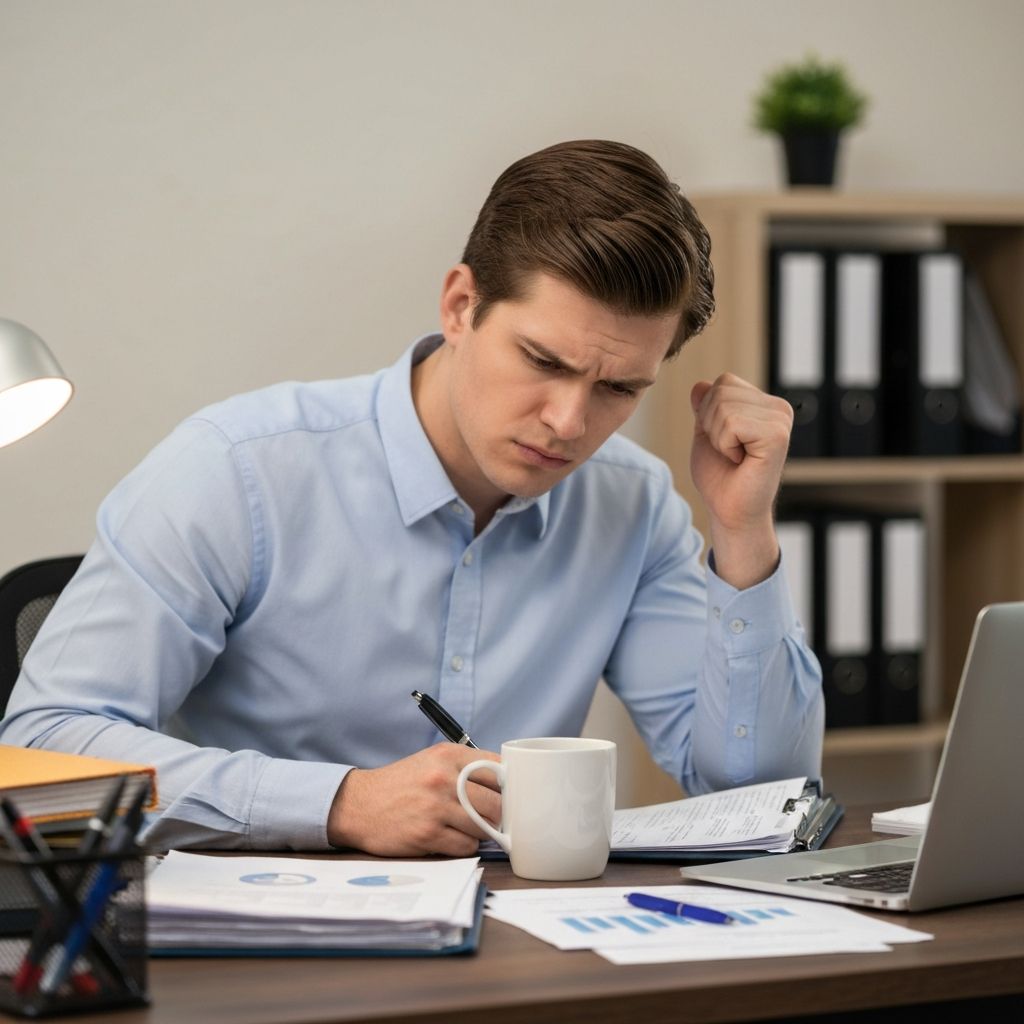 Person at desk with tea and work materials